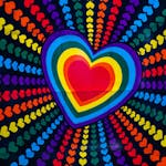 Colorful heart design with rainbow gradients and radiant pattern of small hearts on black background.