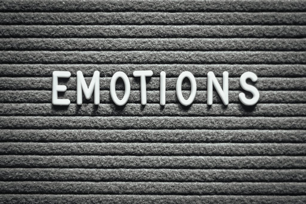 Letter board with the word 'Emotions' on a gray lined background.