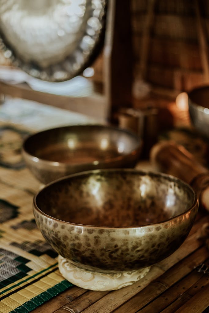 Healing through sound. Close-up of Tibetan singing bowls, perfect for meditation and sound healing.