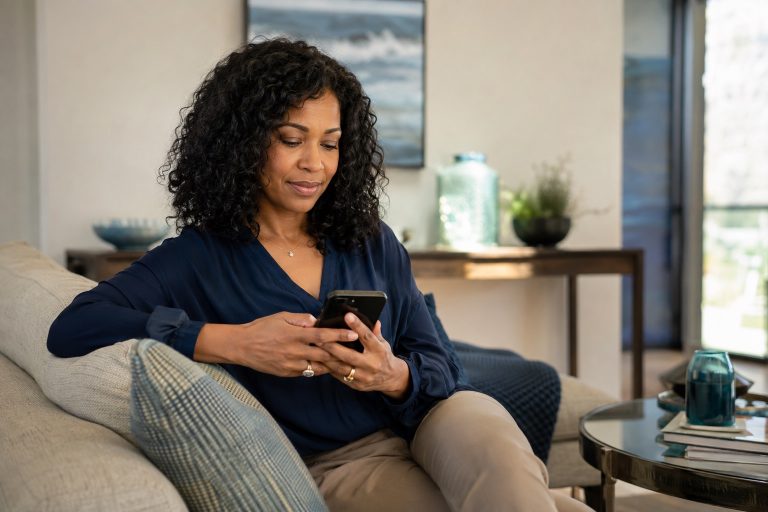 Woman receiving psychic readings by text on her phone