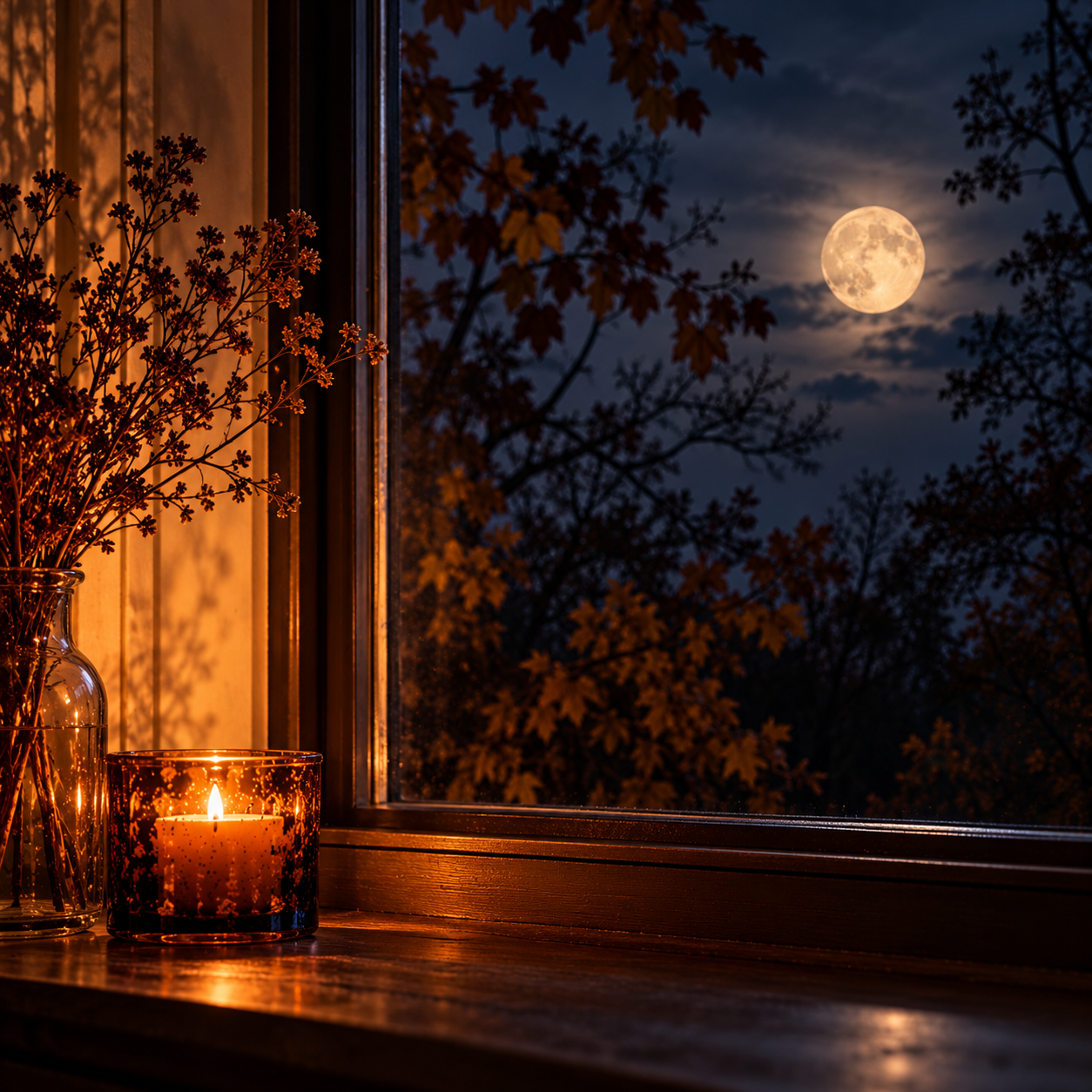 Full moon glowing through an autumn night sky, framed by trees, with a candlelit window in the foreground